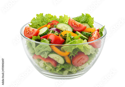 Vibrant fresh garden salad with mixed colorful vegetables in a glass bowl, isolated on white background. Healthy, organic, vegan food concept.