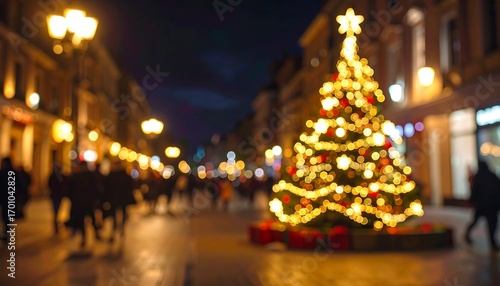 Festive city street scene at night, featuring a beautifully lit Christmas tree,  creating a warm and inviting atmosphere.