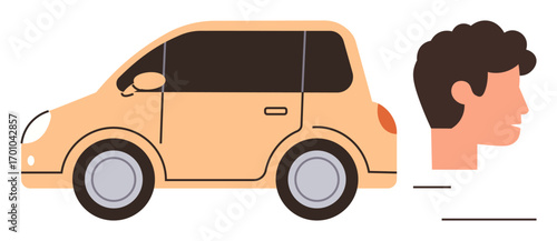 Compact car artfully outlined alongside a male profile, emphasizing vehicles, commuting, travel, and innovation. Ideal for transport, automotive, mobility, carpool engineering lifestyle