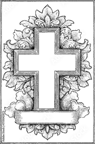 Vintage engraving style illustration of ornate cross with floral motif for religious themes