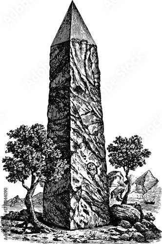 Vintage engraving style illustration of ancient stone obelisk with trees
