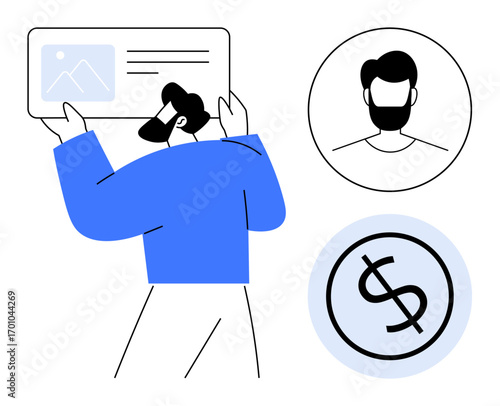 Person analyzing a profile card with image and text, profile avatar, and financial icon with dollar sign. Ideal for digital identity, finance, user management, economy, business, networking