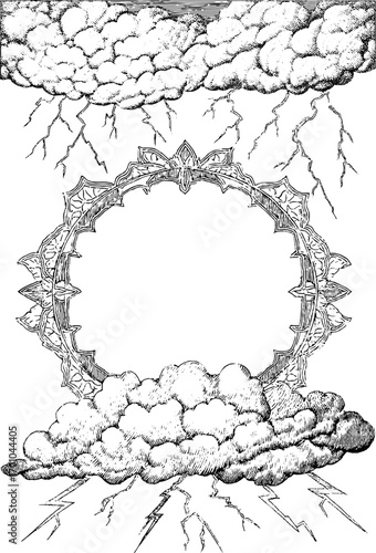 Vintage hand-drawn thunderstorm scene with clouds and lightning for design
