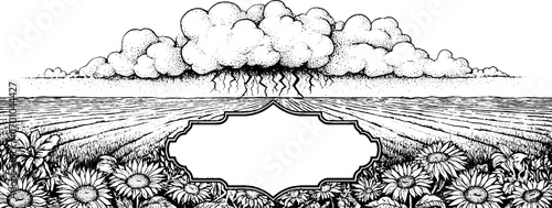 Vintage engraving style illustration of a stormy scene over fields with decorative floral border for design