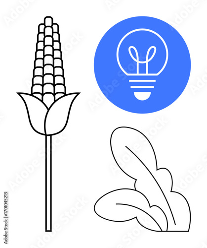 Corn stalk, leafy greens, and glowing lightbulb symbolize agriculture, sustainability, farming innovation, eco-energy, food production, green technology and organic practices. Ideal for agri-tech