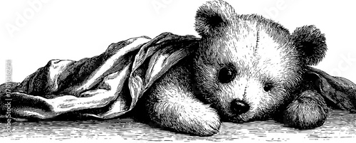 Vintage engraving illustration of a teddy bear with blanket - retro hand drawn design for nostalgic decor