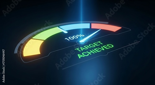 Target achieved concept. A holographic performance meter's needle hits 100%, and the words 