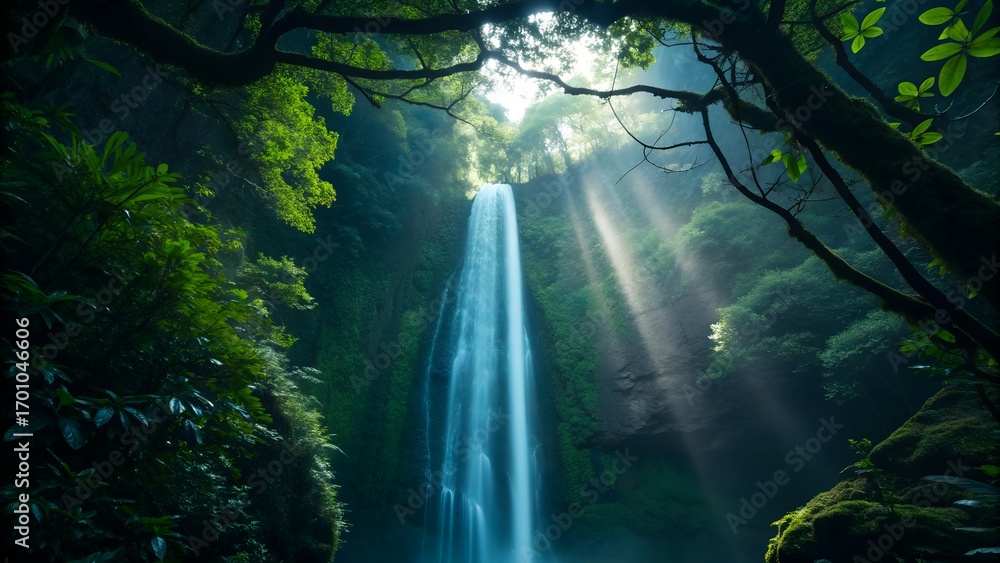 Obraz premium Majestic waterfall in lush green forest with sun rays