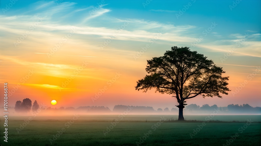 Fototapeta premium Sunrise tree landscape field fog morning nature