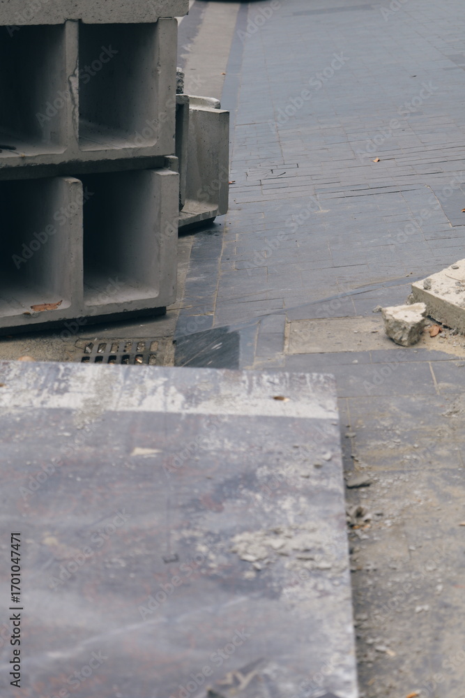 Obraz premium High angle view of an urban construction site. Abstract background with concrete structures, broken pavement, and industrial debris.