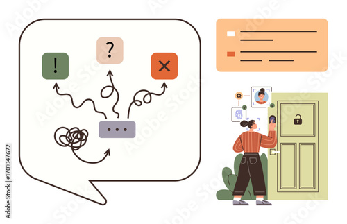 Abstract paths leading to question, exclamation, and cross symbol woman unlocking a smart door. Ideal for decision-making, choice, brainstorming, confusion, challenge access cyber security. Simple