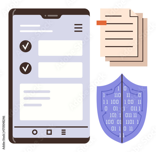 Smartphone with checklist interface, layered documents, and a digital shield with binary code. Ideal for cybersecurity, data safety, app development, privacy, digital contracts, encryption simple