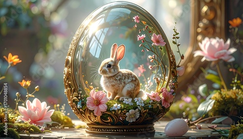 A delicate, ornate glass egg, brimming with flowers and a tiny rabbit, creates a captivating and enchanting scene.