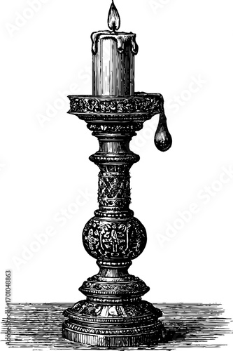 Vintage engraving style illustration of an ornate candlestick for retro design