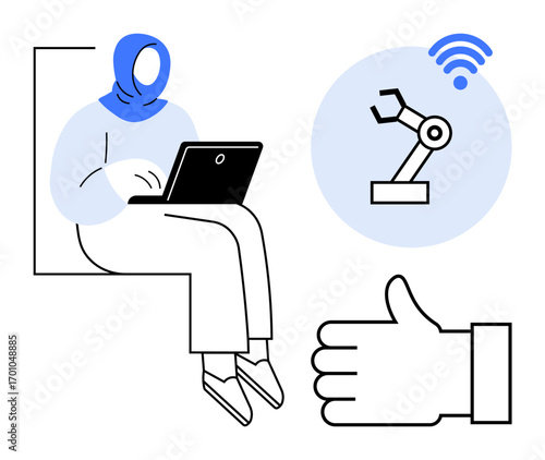 Woman in a headscarf typing on a laptop, robotic arm with wireless signal, thumbs-up icon. Ideal for technology, engineering, automation, remote work, innovation, STEM simple landing page