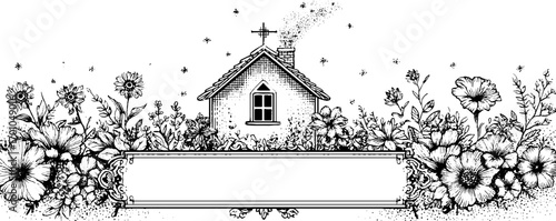 Vintage village scene with floral border in engraving style for design use