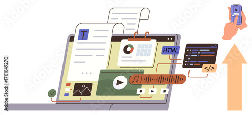Laptop displaying text, charts, multimedia, coding, and file exchange. Hand holding device syncing data. Ideal for web development, content creation, programming media management data
