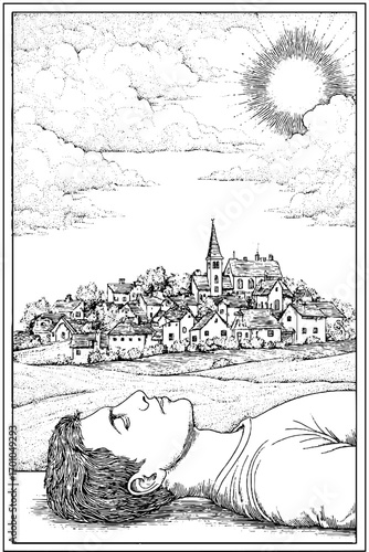 Vintage engraving style illustration of peaceful village overlooked by sleeping man