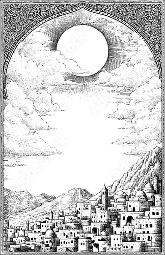 Vintage village scene in engraving style with mountains and ornate arch