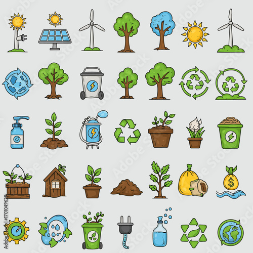 Vibrant collection of cartoon-style environmental and ecological icons, showcasing themes of sustainability, renewable energy, nature conservation, and recycling efforts for a greener planet