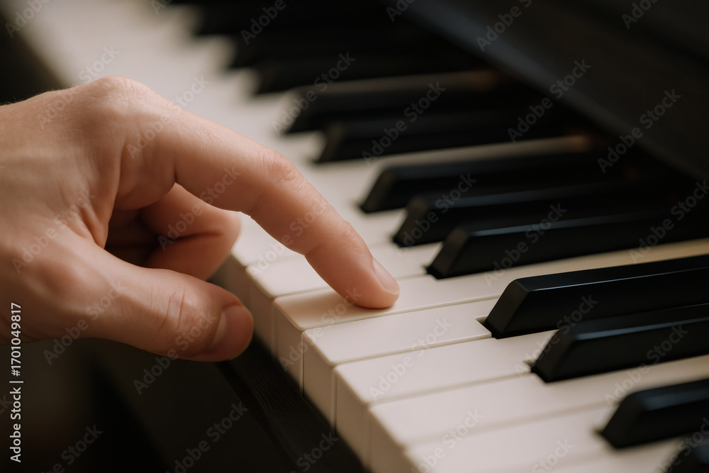 Obraz premium Close Up of a Human Finger Gently Pressing a Piano Key Demonstrating Musical Expression
