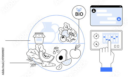 Organic fruits, vegetables, and products inside a circle, hand interacting with control panel, and chatbot screen. Ideal for food technology, sustainability, healthy living, environmental care