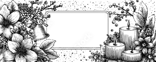 Vintage engraving holiday floral border with bells and candles for card design