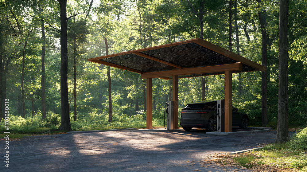 Naklejka premium Electric vehicle charging station nestled in a serene forest setting concept
