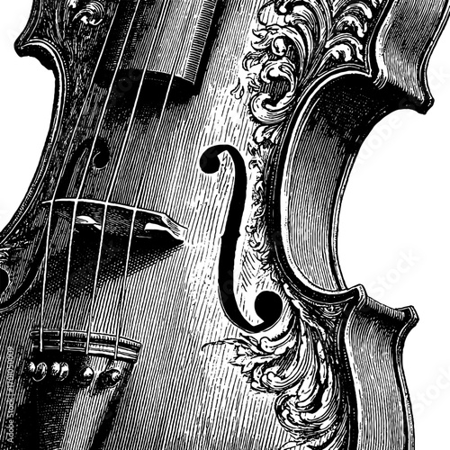 Vintage violin engraving style illustration featuring intricate details for art and design