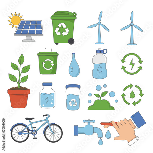 Eco-Friendly Icons and Sustainable Living Elements for Environmental Awareness Projects