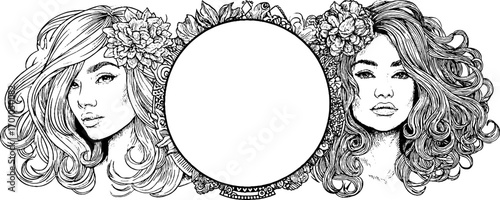 Vintage hand-drawn engraving of vogue style floral portraits for retro design