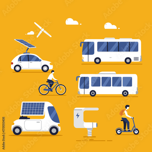 Sustainable city mobility concept featuring green transportation solutions. An illustration of eco-friendly electric vehicles and personal transport