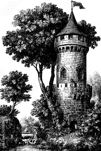 Vintage engraving style illustration of a medieval watchtower in a forest setting