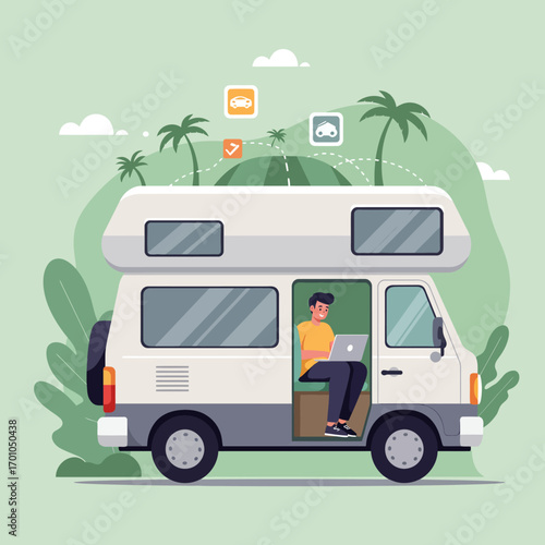 Freelancer working remotely on a laptop inside a camper van, illustrating the digital nomad lifestyle and travel freedom concept