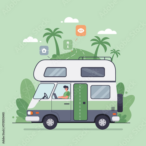 A digital nomad working on a laptop from a camper van on a scenic road trip, illustrating the freedom of a mobile lifestyle