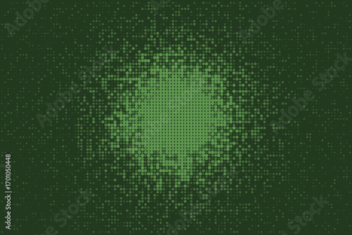 Abstract dark green background with a radial light green pixelated pattern, featuring a modern digital texture of fading dots and hexagons, creating a technological and geometric design.