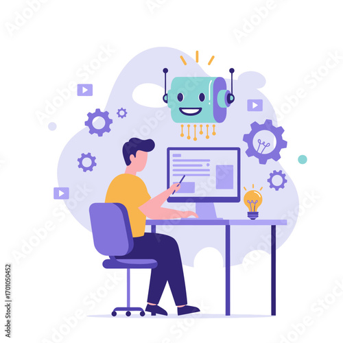 Male programmer or developer coding and interacting with a friendly AI chatbot assistant for software automation and support