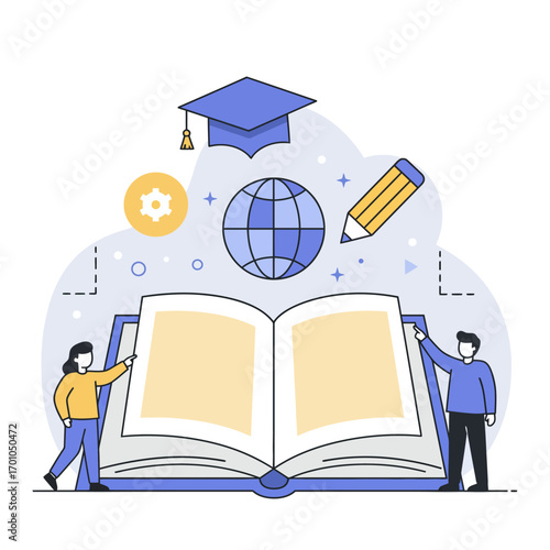 Modern flat illustration of e-learning and online education with students studying from a giant book, symbolizing knowledge and graduation