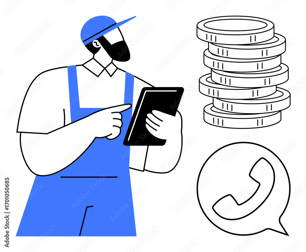 custom made wallpaper toronto digitalWorker in blue overalls using a tablet, next to coin stack and phone sign. Ideal for business, finance, remote work, technology, communication, productivity teamwork. Simple flat metaphor