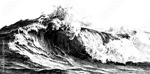Vintage hand drawn wave illustration in engraving style for retro design