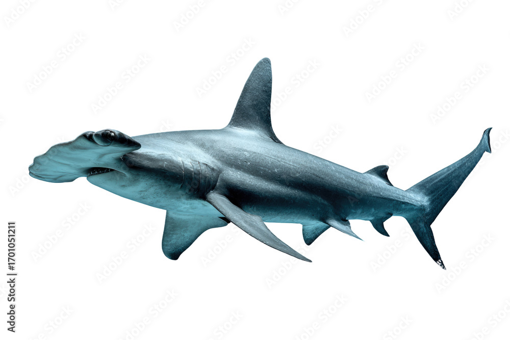 Obraz premium A large hammerhead shark, isolated on a transparent background, showcasing its unique head shape and powerful physique. background removed