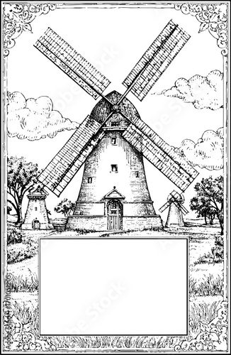 Vintage windmills illustration in engraving style for retro design and decoration