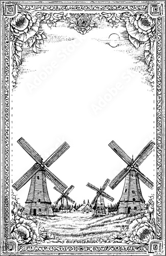 Vintage hand drawn windmills in engraving style for retro design