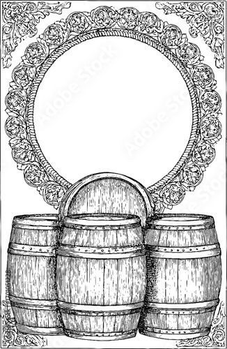 Vintage hand drawn wine barrels engraving for retro design and decoration