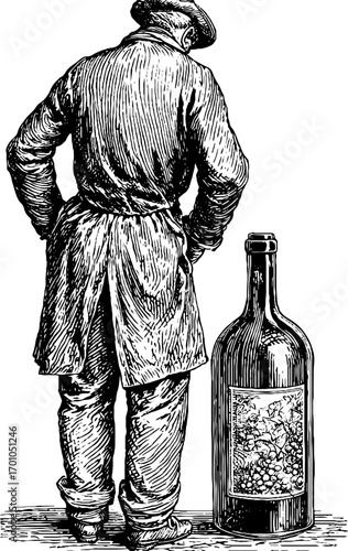 Vintage engraving of a man observing a wine bottle sketch for retro design