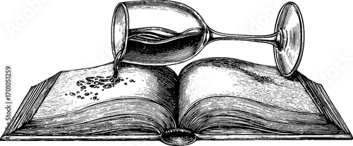 Vintage engraving style illustration of wine glass pouring on open book