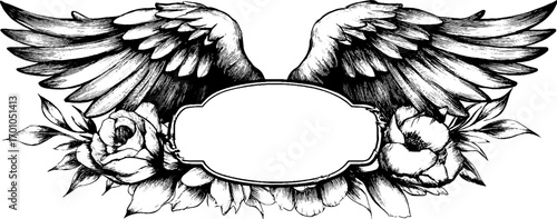 Vintage engraving style winged design with floral embellishments - ideal for label or decorative use
