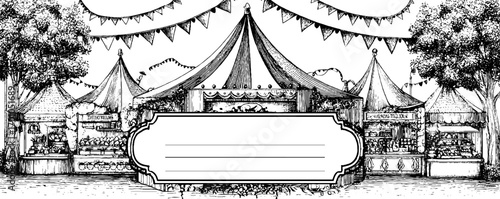 Vintage winter festival engraving with market stalls and festive decorations