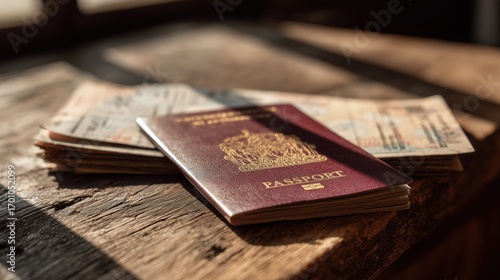 Close-up of a maroon passport and travel documents on rustic wooden surface with warm sunlight