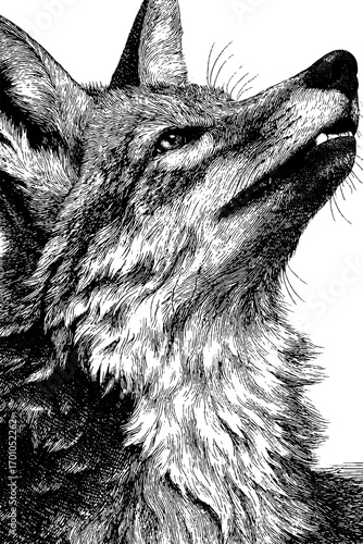 Vintage hand drawn illustration of wolf in engraving style for retro design projects